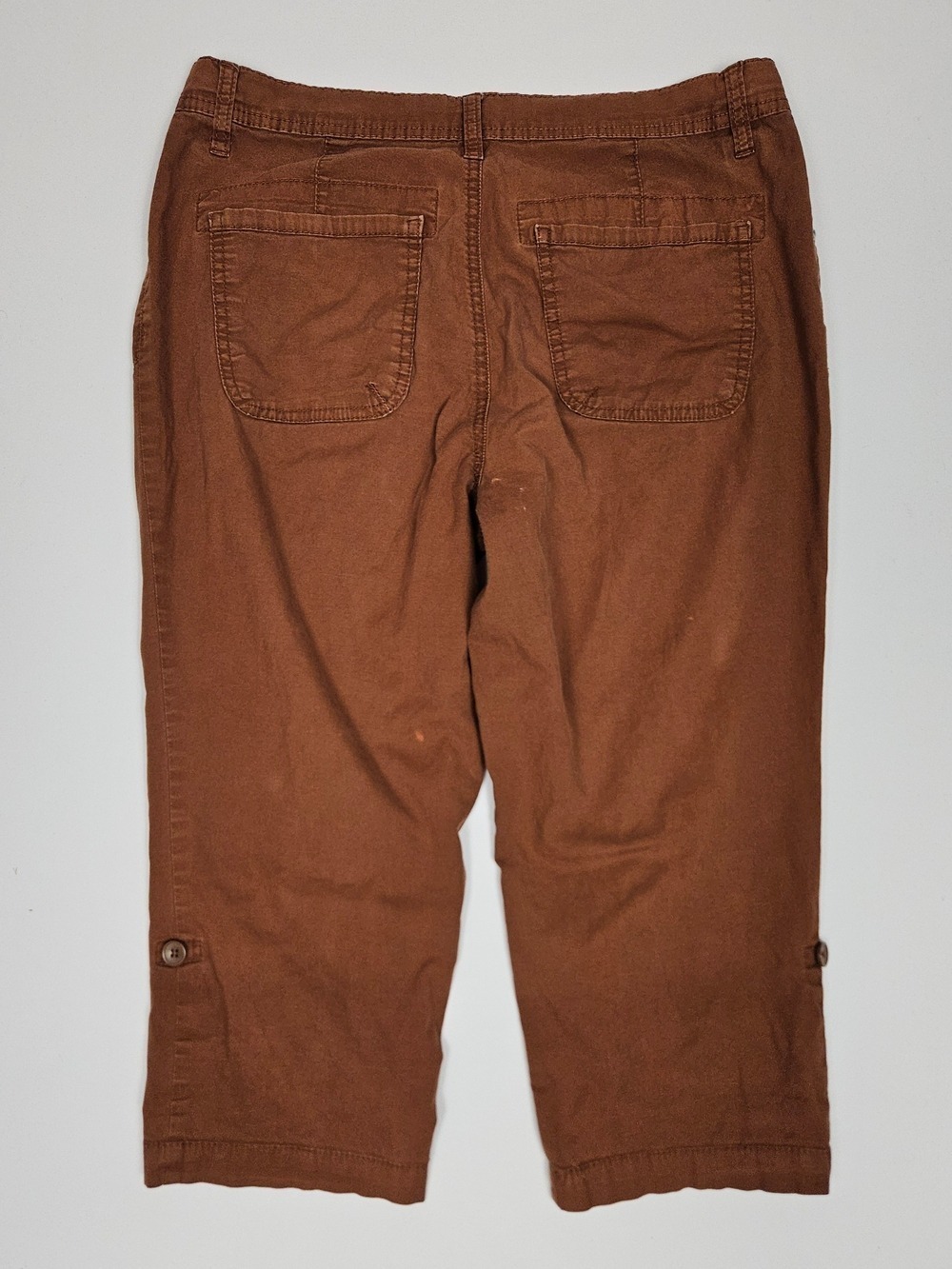 5/$25 Cleo Petites Cropped Cargo Pants Size 8 Brown Rust Roll Tab Stretch Capris - Picture 8 of 10